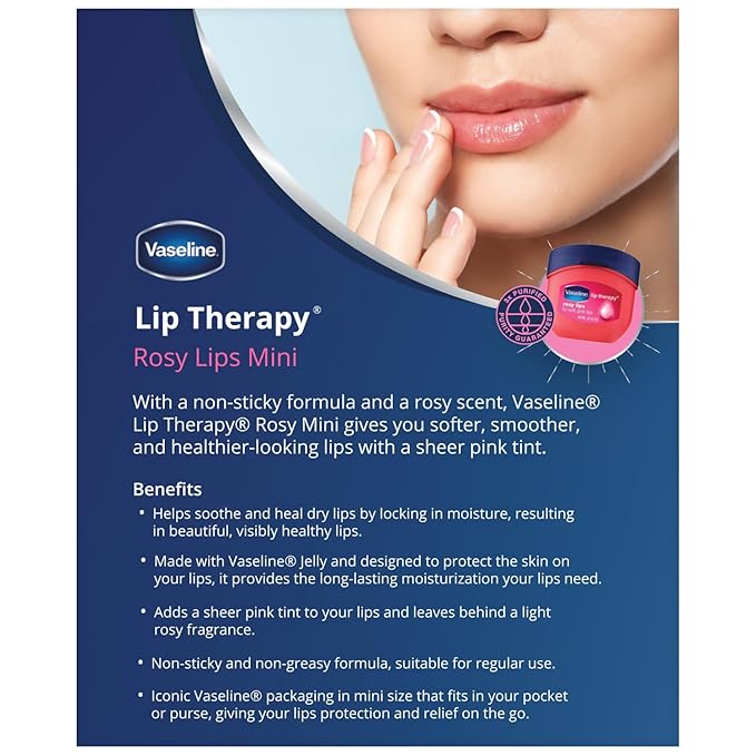Vaseline Lip Therapy Rosy Lips Mini, Pure Petroleum Jelly, Advanced Moisture, Light Rose Fragrance, Sheer Pink Tint on Lips, Mini Vaseline Petroleum Jelly, Soft Vaseline Lips (Pack of 6-0.25 Oz Ea)-Velvo Beauty