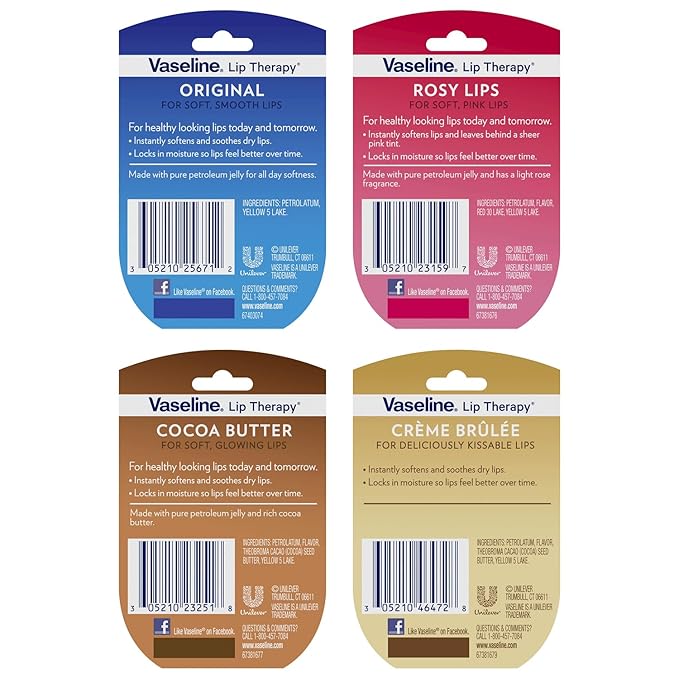 Vaseline Lip Therapy Rosy Lips, Cocoa Butter, Creme Brulee, Original - Vaseline Lip Balm, Tinted and Clear Lip Gloss Set, 2 of Each, 0.25 Oz Ea (8 Piece Set)-Velvo Beauty