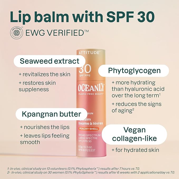 ATTITUDE Oceanly Tinted Lip Balm with SPF 30, EWG Verified, Plastic-Free, Broad Spectrum UVA/UVB Protection with Zinc Oxide, Vegan, Unscented, Peachy Shell, 0.3 Ounce-Velvo Beauty