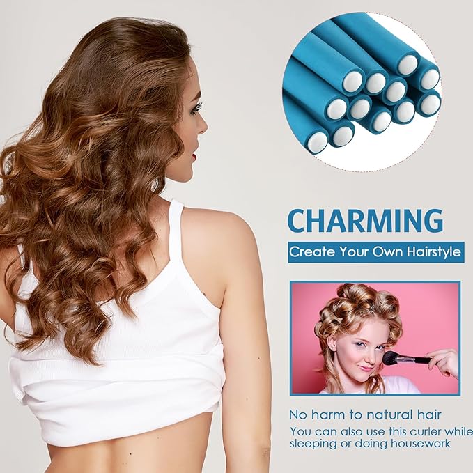 Syhood 30 Pieces Flexible Curling Rods Twist Hair Rollers Soft Foam Rods No Heat and 1 Pcs Steel Rat Tail Comb for Women Long and Short Hair(7 x 0.7 Inch,Blue)-Velvo Beauty
