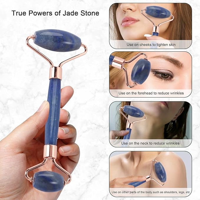 Jade Roller for Face, Facial Roller Massager Skin Care Tool, Gua Sha Facial Tools for Face, Neck, Eyes, Reduce Puffiness of The Skin(Blue)-Velvo Beauty