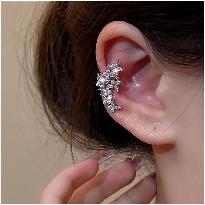 Vintage Crystal Pearl Ear Cuff Earrings Rhinestone Butterfly Cuff Wrap Earrings Cz Butterfly Ear Climber Cuff Earrings Silver Pearl Cz Non Piercing Earring Jewelry for Women(Left)-Velvo Beauty