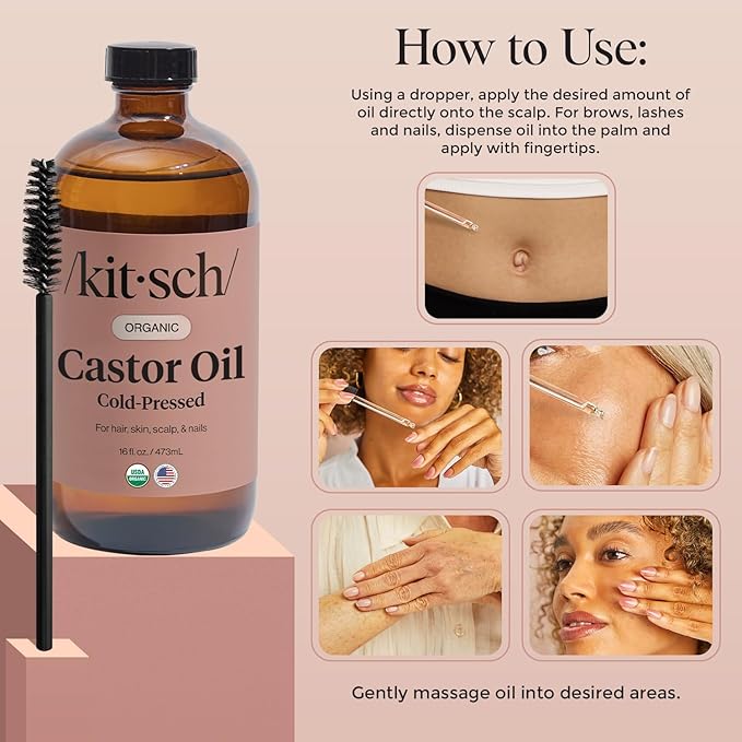 Kitsch Organic Castor Oil for Hair Growth - 100% Pure Castor Oil, Organic Cold Pressed Unrefined Glass Bottle for Face, Skin, Lashes, Brows, Scalp, Nails & Belly Button - Hexane Free, USDA - 16 oz-Velvo Beauty