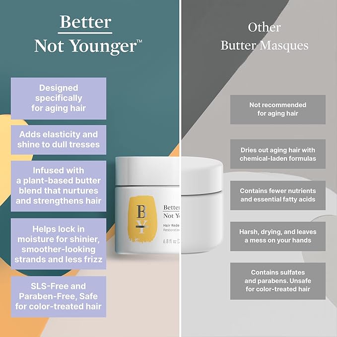Better Not Younger Restorative Butter Hair Masque 6.8 fl oz - Hair Repair Mask with Plant-Based Butters, Biotin, Argan & Caffeine for Women Over 40 - Restores Moisture, Adds Volume & Boosts Shine-Velvo Beauty