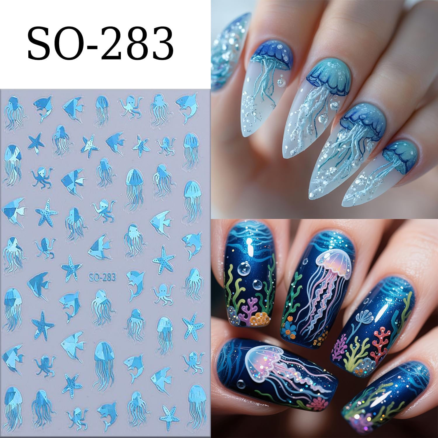 6 Sheets Ocean Animals Nail Art Stickers 3D Self -Adhesive Starfish Jellyfish Nail Decals Holographic Cute Koi Fish Octopus Nail Stickers Summer Nail Decoration for Women Manicure Supplies-Velvo Beauty