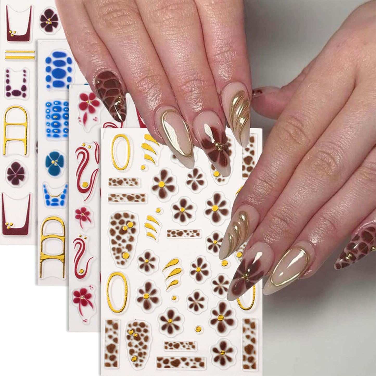 5 Sheets Autumn Winter Flower Nail Art Stickers 3D Self-Adhesive Nails Stickers Floral Strawberry Daisy Pattern French Tip Design Wine Red Brown Blue Gold 3D Decals Women DIY Nail Art Decoration-Velvo Beauty