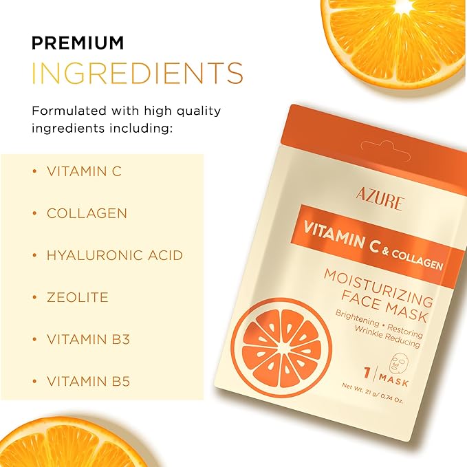 Azure Cosmetics Vitamin C & Collagen Moisturizing Facial Sheet Mask- Anti Aging, Deeply Moisturizing & Firming - Improves Elasticity - Skin Care Made in Korea - Pack of 5-Velvo Beauty