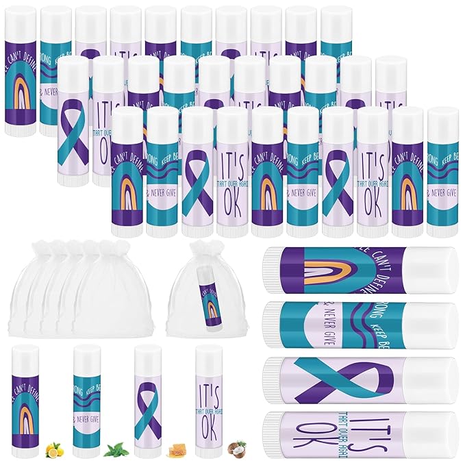 Fumete 50 Pcs Suicide Prevention Awareness Lip Balm Bulks Purple Teal Ribbon Lip Balm Mental Health Care Gift for Suicide Prevention Awareness Inspirational Favor Charity Campaign Supplies-Velvo Beauty