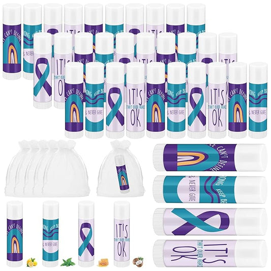 Fumete 50 Pcs Suicide Prevention Awareness Lip Balm Bulks Purple Teal Ribbon Lip Balm Mental Health Care Gift for Suicide Prevention Awareness Inspirational Favor Charity Campaign Supplies-Velvo Beauty