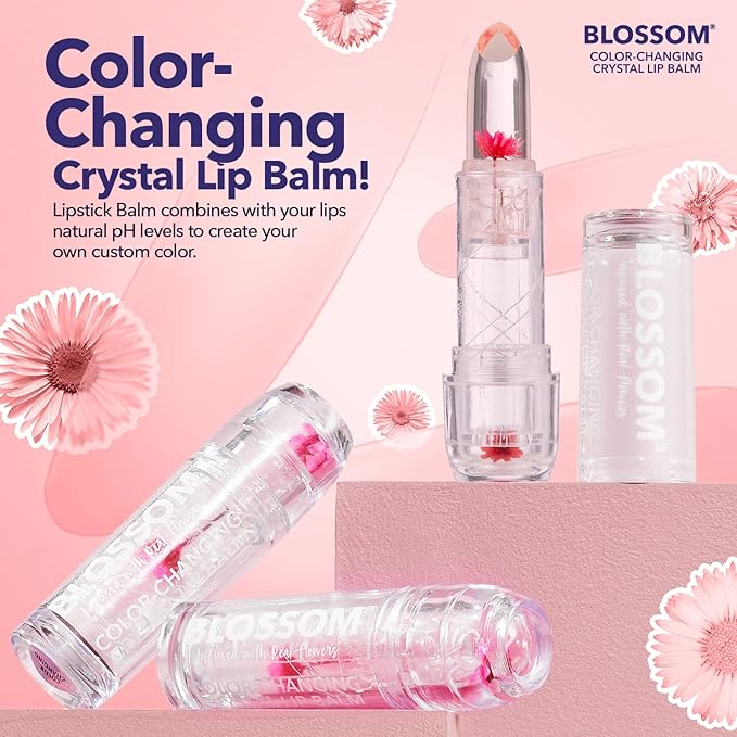 Blossom Moisturizing Custom Color Changing 2 pack, Strawberry Scented Crystal Lip Balm (Red), Shimmer Sparkle Lip Stain Tint (Blush), Infused with Real Flowers, 6g, Red/Blush-Velvo Beauty