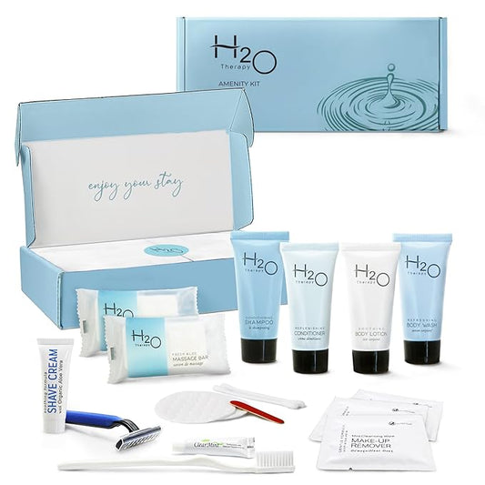 H2O Therapy Amenity & Accessory Kit | 0.85 oz Travel Size Shampoo, Conditioner, Lotion, Body Wash, Massage Bar, Cleansing Bar, Shave & Dental Sets, Make-Up Remover Wipes, & Vanity Kit | 1 set per case-Velvo Beauty