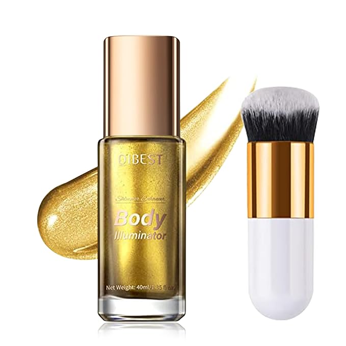 40ml Body Shimmer Oil,Liquid Body Illuminator, Waterproof Moisturizing And Glow For Face & Body, All-In-One Makeup Liquid Illuminator, Summer Body Luminizer,Makeup Brush Include (05#Gold)-Velvo Beauty