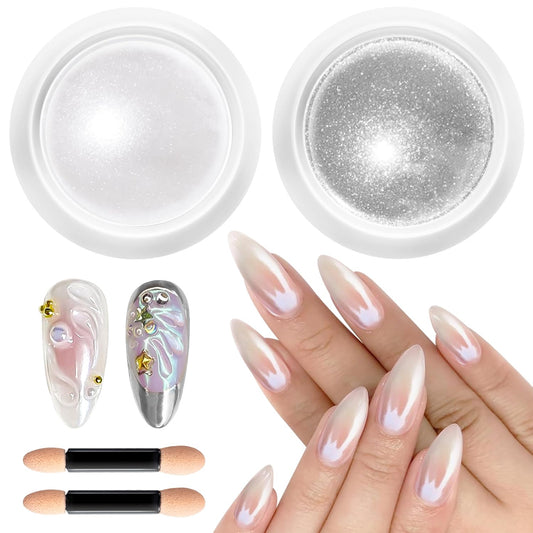 Pearl Chrome Nail Powder BISHENGYF -【Metallic Mirror Effect】Magic Mirror Silver Chrome Nail Powder White Aurora Mermaid Iridescent Nail Chrome Powder Glitter Pigment Dust For Nail Art Decroation DIY-Velvo Beauty