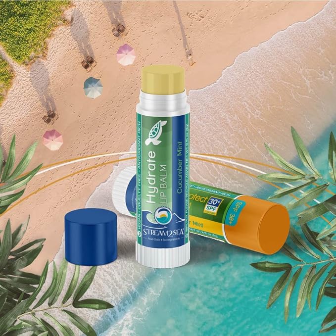 STREAM 2 SEA Cucumber Mint Lip Balm Set, Reef Safe SPF 30 and Hydrate Organic Lip Balms, Moisturizing Indoor + Sun Protect Outdoor Lip Balm For Beach and Sports, Paraben Free, Cruelty Free Lip Care-Velvo Beauty