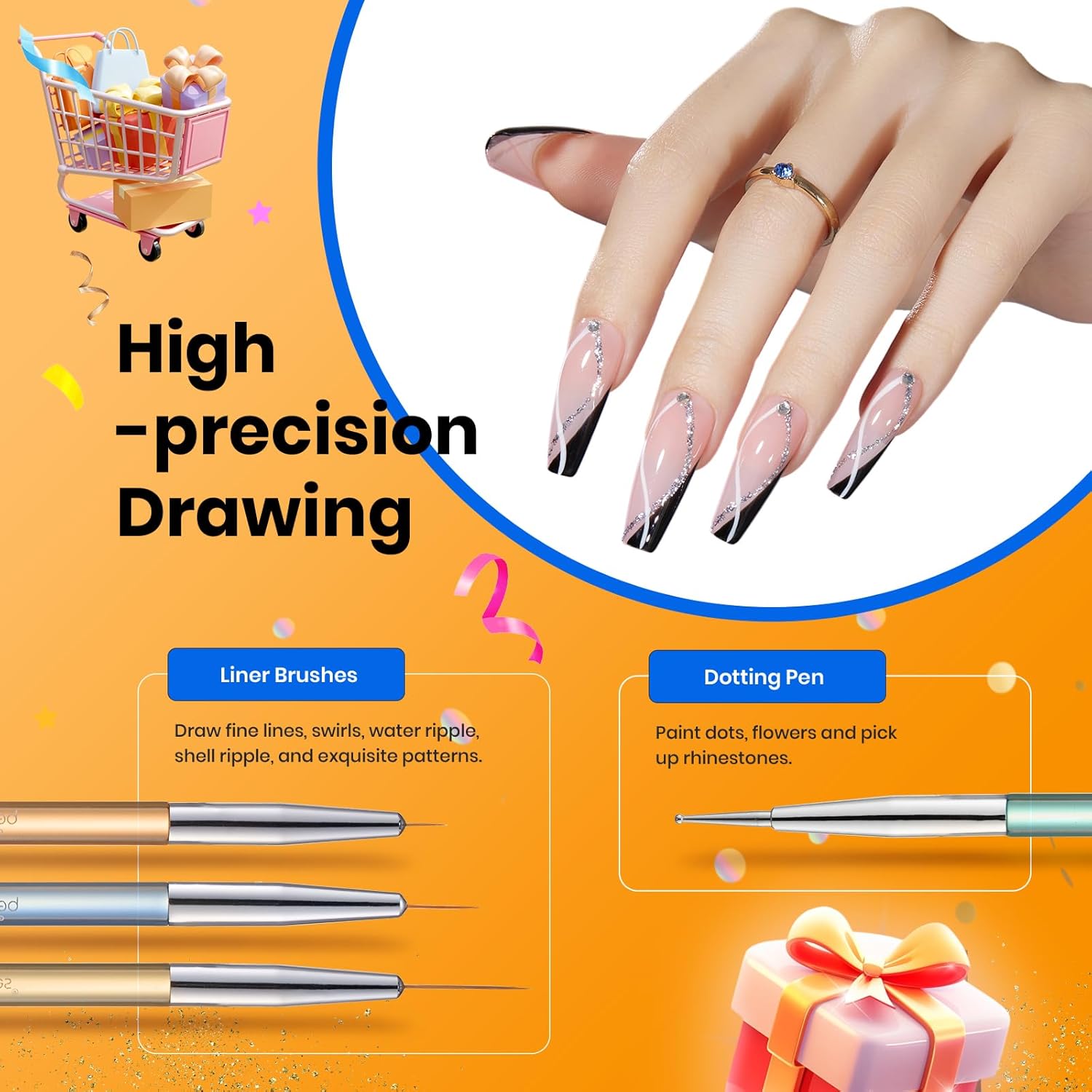 Beetles Gel Nail Art Brushes, 6 Pcs Double-Ended Fingernail Art Design Pens Gel Paint Liner Ombre Gradient French Tip Brush Dotting Pen Nail Brush Set, DIY Manicure Tools Gift for Women-Velvo Beauty