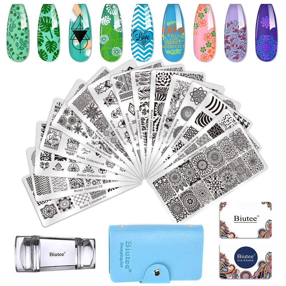 Biutee 19pcs Nail Stamp Plates set 15 plate 1Stamper 2Scraper 1storage bag Nails Art Stamping Plate Scraper Stamper Set Leaves Flowers Animal Nail plate Template Image Plate-Velvo Beauty