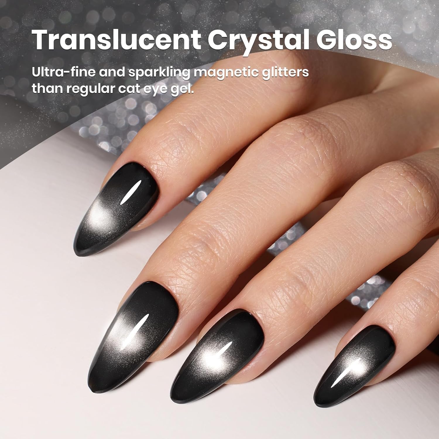 Beetles Black Cat Eye Gel Polish, 15ML Black Glass Cat Eye Glitter Gel Polish with Magnet Shimmer Translucent Sheer Color Soak Off UV Midnight Sands Series French Nail Art Dsign Gift for Women-Velvo Beauty