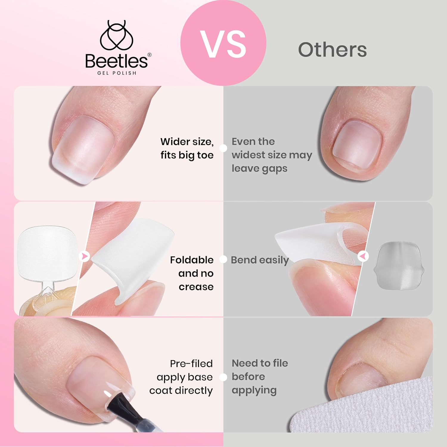 Beetles Toe Nail Tips Square for Big Toes - 15 Sizes 180 Pcs Long Wider Full Cover Toenail Tips Fake Acrylic Pre-etched Double Matte Nail Extensions, Press on Toe Nails for Wide Nail Beds-Velvo Beauty