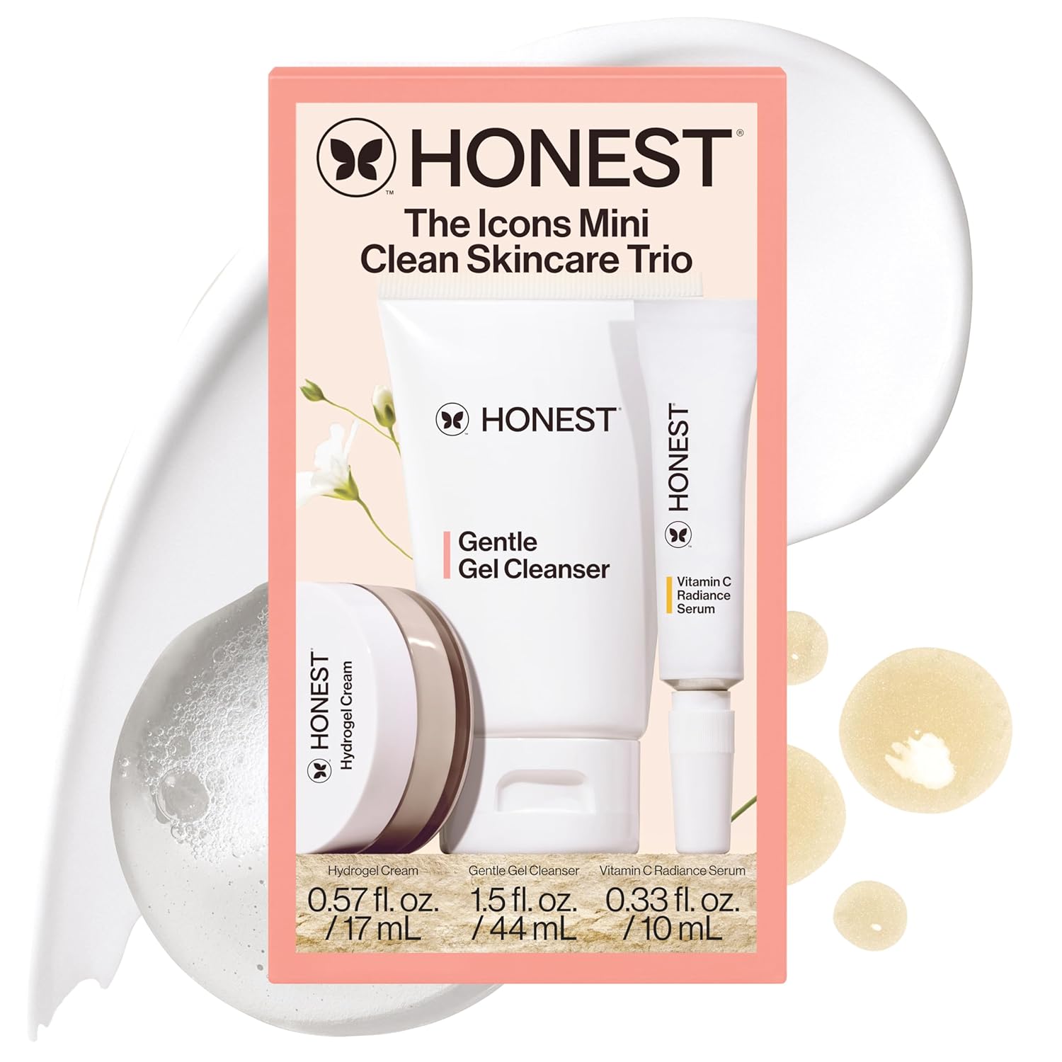 Honest Beauty The Icons Skincare Trio Travel Kit | Mini Hydrogel Cream, Gentle Gel Cleanser, Vitamin C Radiance Serum | Gentle for Sensitive Skin + Vegan-Velvo Beauty