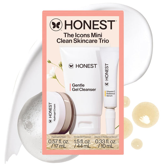 Honest Beauty The Icons Skincare Trio Travel Kit | Mini Hydrogel Cream, Gentle Gel Cleanser, Vitamin C Radiance Serum | Gentle for Sensitive Skin + Vegan-Velvo Beauty