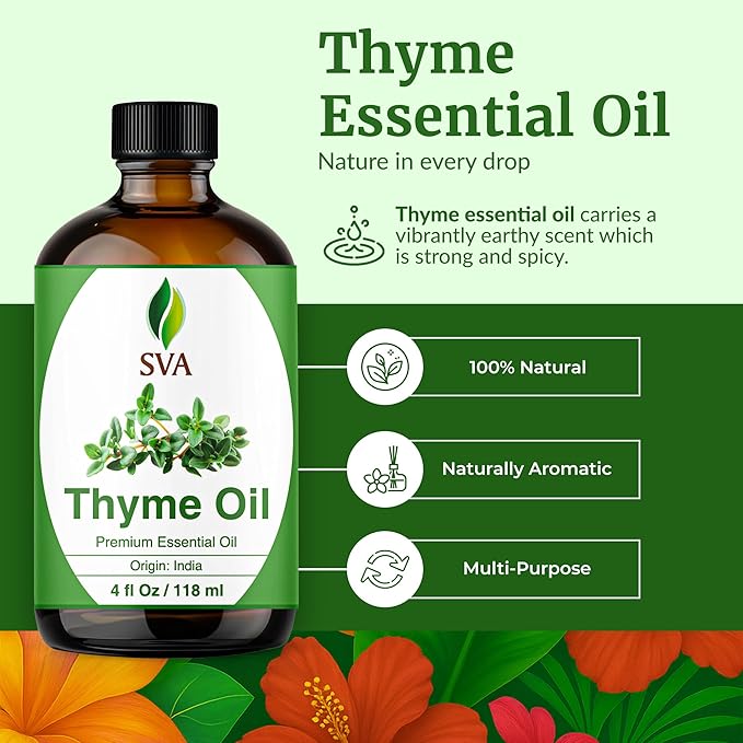 SVA Thyme Essential Oil – 4 Fl Oz – 100% Natural Thyme Oil - for Diffuser, Hair Care, Face, Skin Care, Aromatherapy, Scalp and Body Massage, Soap and Candle Making – with Dropper-Velvo Beauty