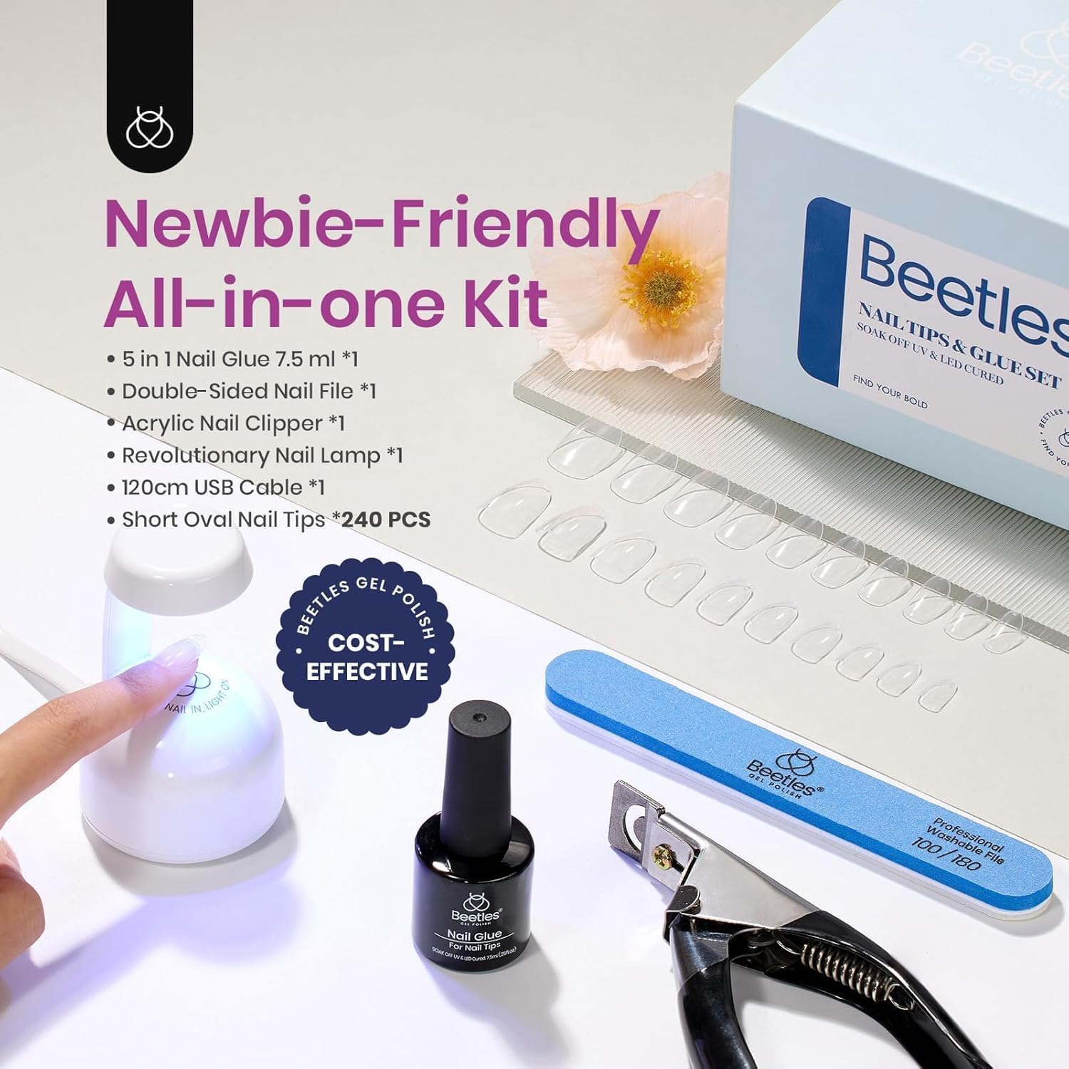 Beetles Nail Tips 240 Pcs Short Oval Nail Kit 5 In 1 Nail Glue Base Gel Uv Led Lamp Press on Nails Easy Nail Extension Set for Women-Velvo Beauty