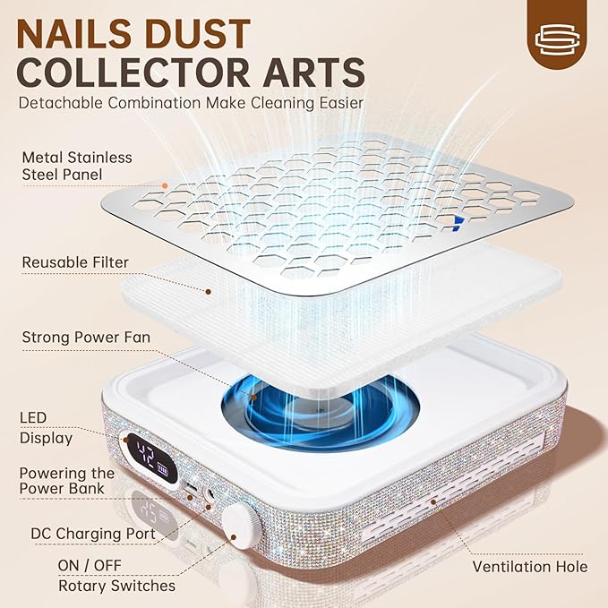 Nail Dust Collector, Rechargeable Dust Collector Nail Tech, Powerful Vacuum Fan Vent Dust Collector Extractor Dust Suction Machine for Acrylic Nails Polishing, Nail Salon&Home, White-Velvo Beauty