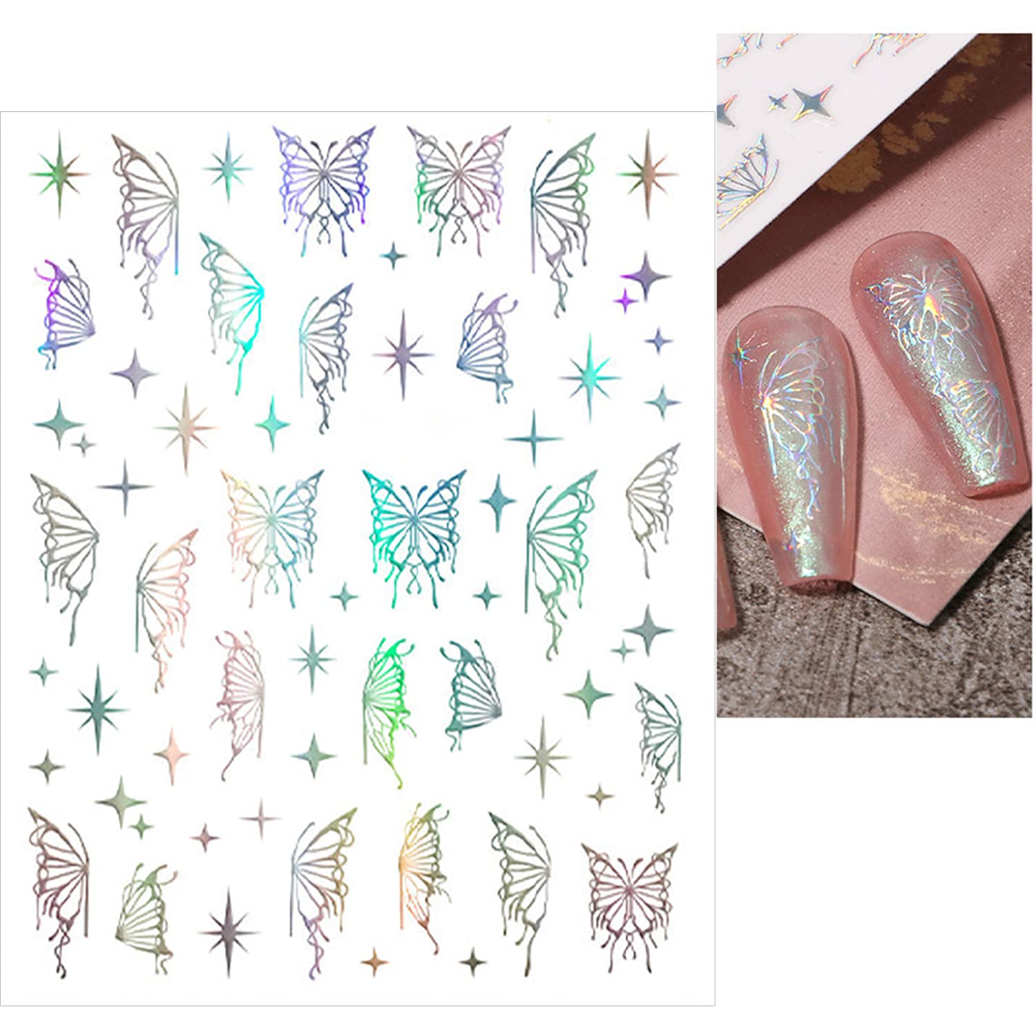 SILPECWEE 6 Sheets Butterfly Nail Stickers - 3D Nail Art Decals, Metallic Silver Aurora Retro Designs, Self-Adhesive Manicure Stickers-Velvo Beauty