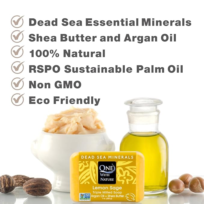 One With Nature Dead Sea Salt Lemon Sage Soap 7oz 3-Pack – Purifying and Exfoliating Soap Bar with Dead Sea Minerals for Face & Body, for Men & Women-Velvo Beauty