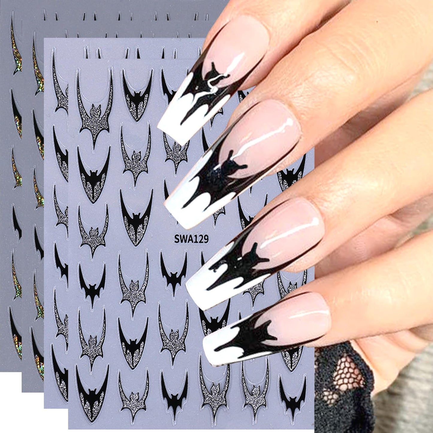 4pcs Halloween Bat Nails Art Stickers Glitter Holographic Gold Silver French Bat Design Adhesive Nail Decals Sliders Halloween French Sticker for Nails Supplies Accessories Y2K Manicure Decor-Velvo Beauty