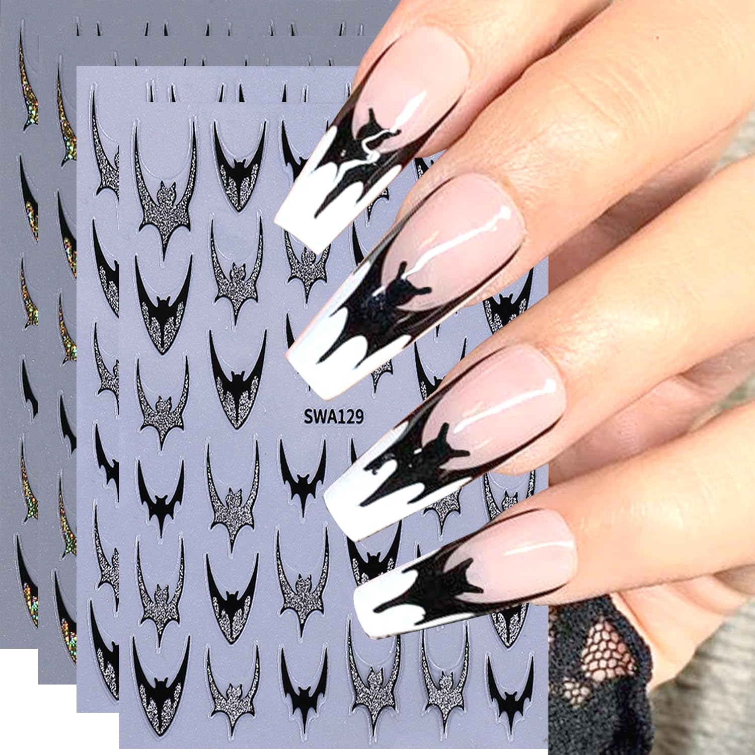 4pcs Halloween Bat Nails Art Stickers Glitter Holographic Gold Silver French Bat Design Adhesive Nail Decals Sliders Halloween French Sticker for Nails Supplies Accessories Y2K Manicure Decor-Velvo Beauty