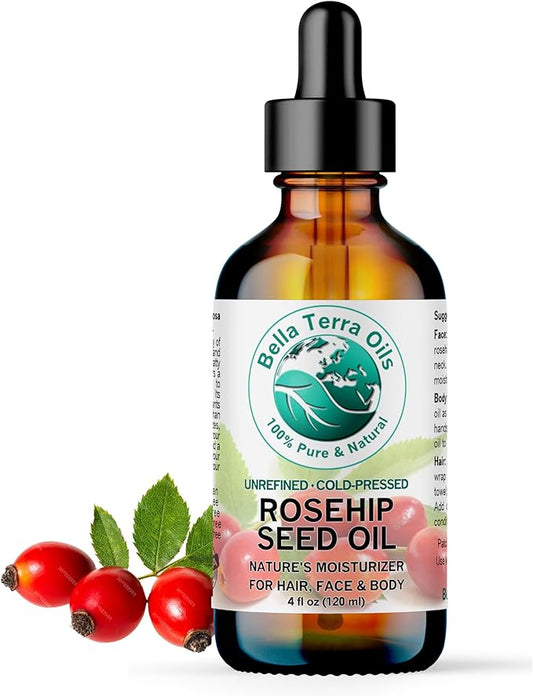 Bella Terra Oils - Organic Rosehip Oil 4 oz - Hailing from The Finest Rosa Mosqueta, Abundant in Omega-6 & Omega-3 Fatty Acids, Pure Radiance for Face-Velvo Beauty