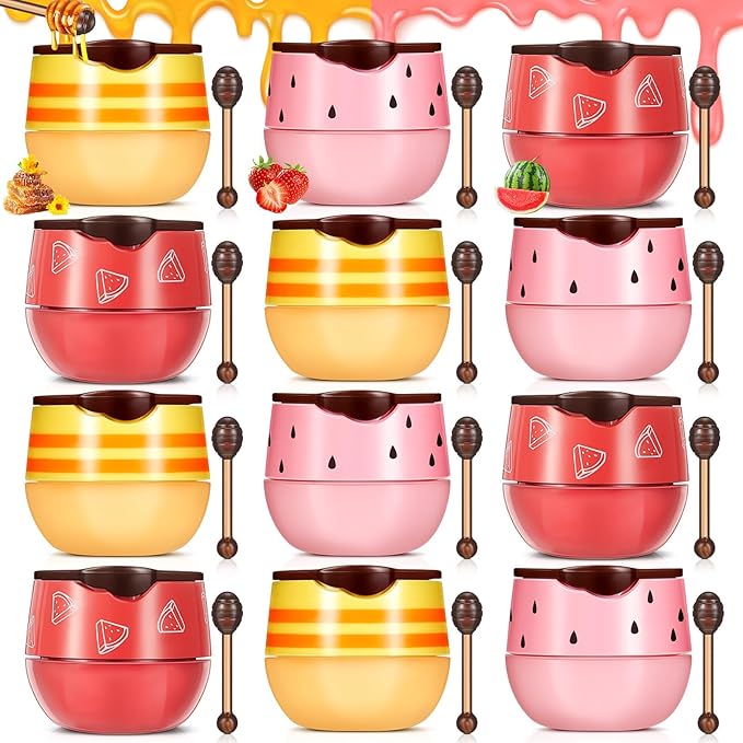 12 Pcs Bee Lip Balm Honey Pot with Brush Propolis Lip Mask Overnight, Moisturizing Hydrating Lip Sleeping Mask Prevention Dry and Cracked(Honey+Strawberry+Watermelon)-Velvo Beauty