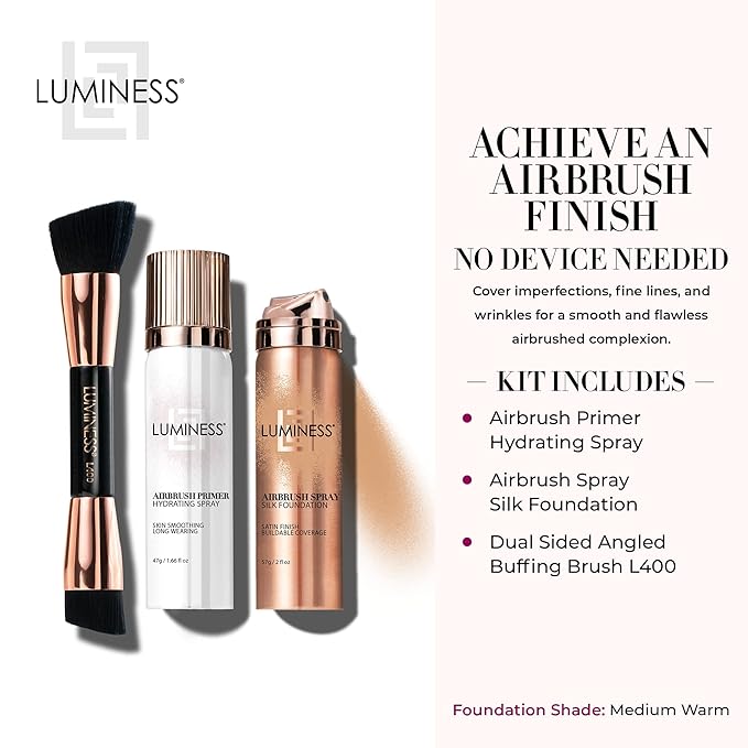 LUMINESS Silk Airbrush Spray Foundation Makeup Starter Kit - Full Coverage Foundation, Primer & Dual-Sided Angled Buffing Brush - Medium Warm-Velvo Beauty