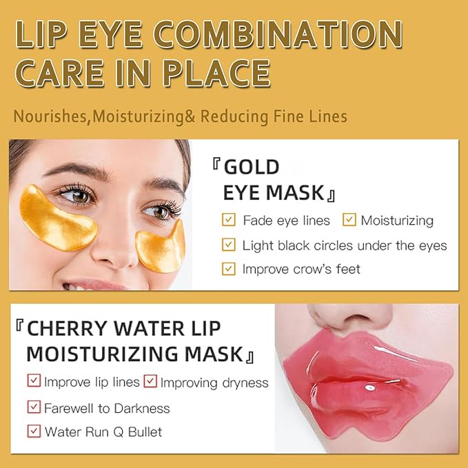 30 Pairs Lip Masks & Eye Mask, 24K Gold Gel Crystal Collagen Eye Patches for Puffy Eyes and Dark Circles Eyes, Effectively Nourishes the Lip & Eye Skin, Reducing Wrinkles and Fine Lines-Velvo Beauty