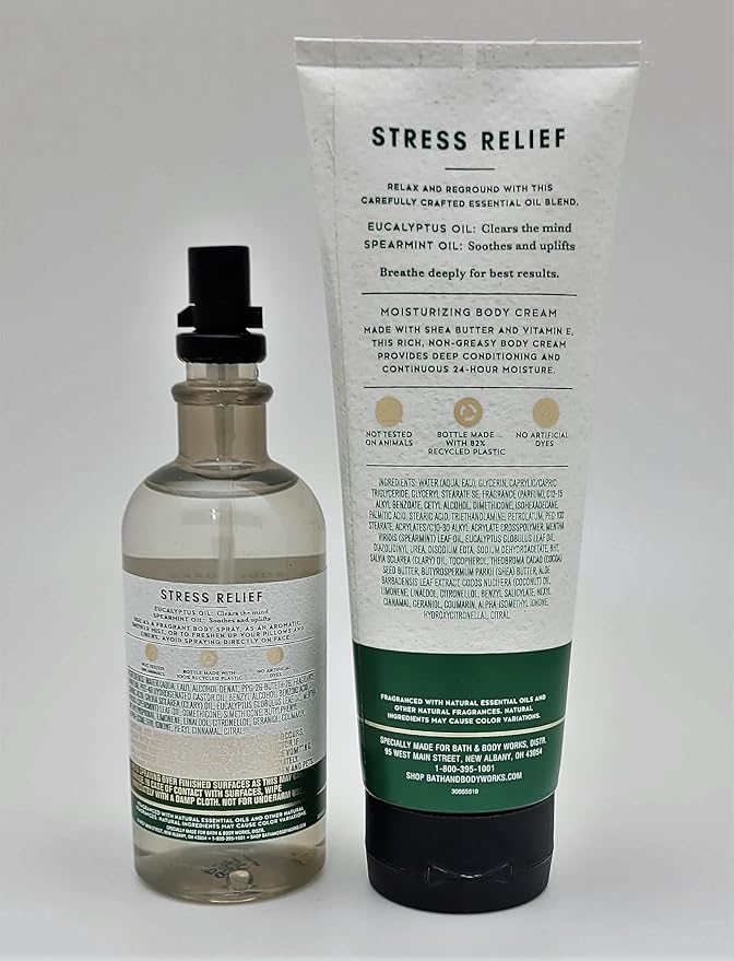 Bath & Body Works - Aromatherapy - Eucalyptus Spearmint – Stress Relief - 2 pc Bundle - Essential Oil Mist- 5.3 fl oz - & Body Cream - 8 oz-Velvo Beauty