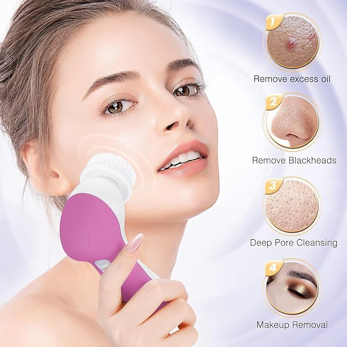 COSLUS Facial Cleansing Brush Silicone Face Scrubber: 2 in1 FBS-D Electric Exfoliating Device Waterproof Deep Cleaning Exfoliation Rotating Spa Machine - Electronic Skincare Wash Spinning System-Velvo Beauty