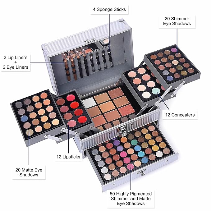132 Color All In One Makeup Kit,Professional Makeup Case Set for Teen Girls, Multicolor Eyeshadow Palette(006N2-Silver)-Velvo Beauty