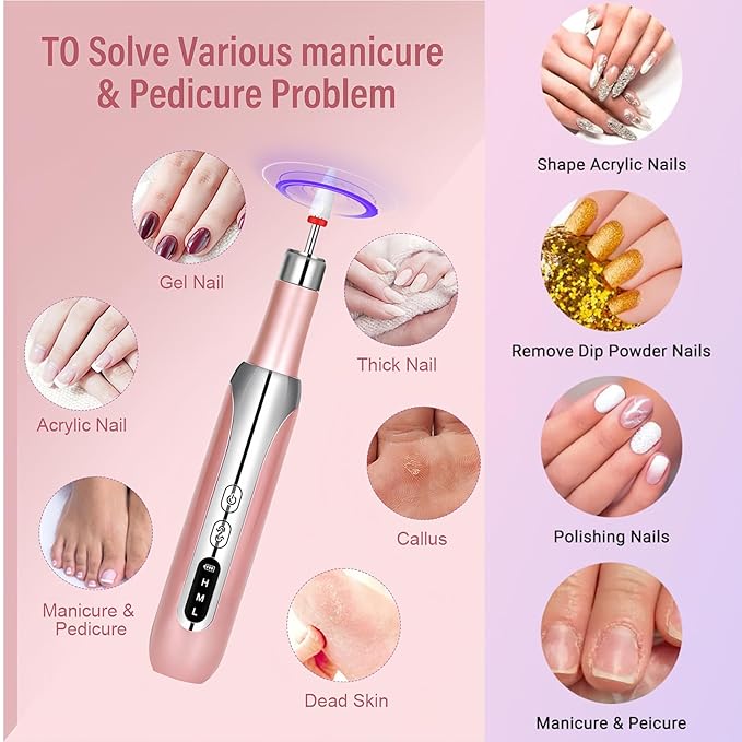 Electric Nail Drill File Cordless,Portable Rechargeable Nail File Kit for Acrylic & Gel Nails,Professional Efile for Manicure Pedicure Polishing,with 12 Nail Drill Bits 31 Sanding Bands,Rose Gold-Velvo Beauty
