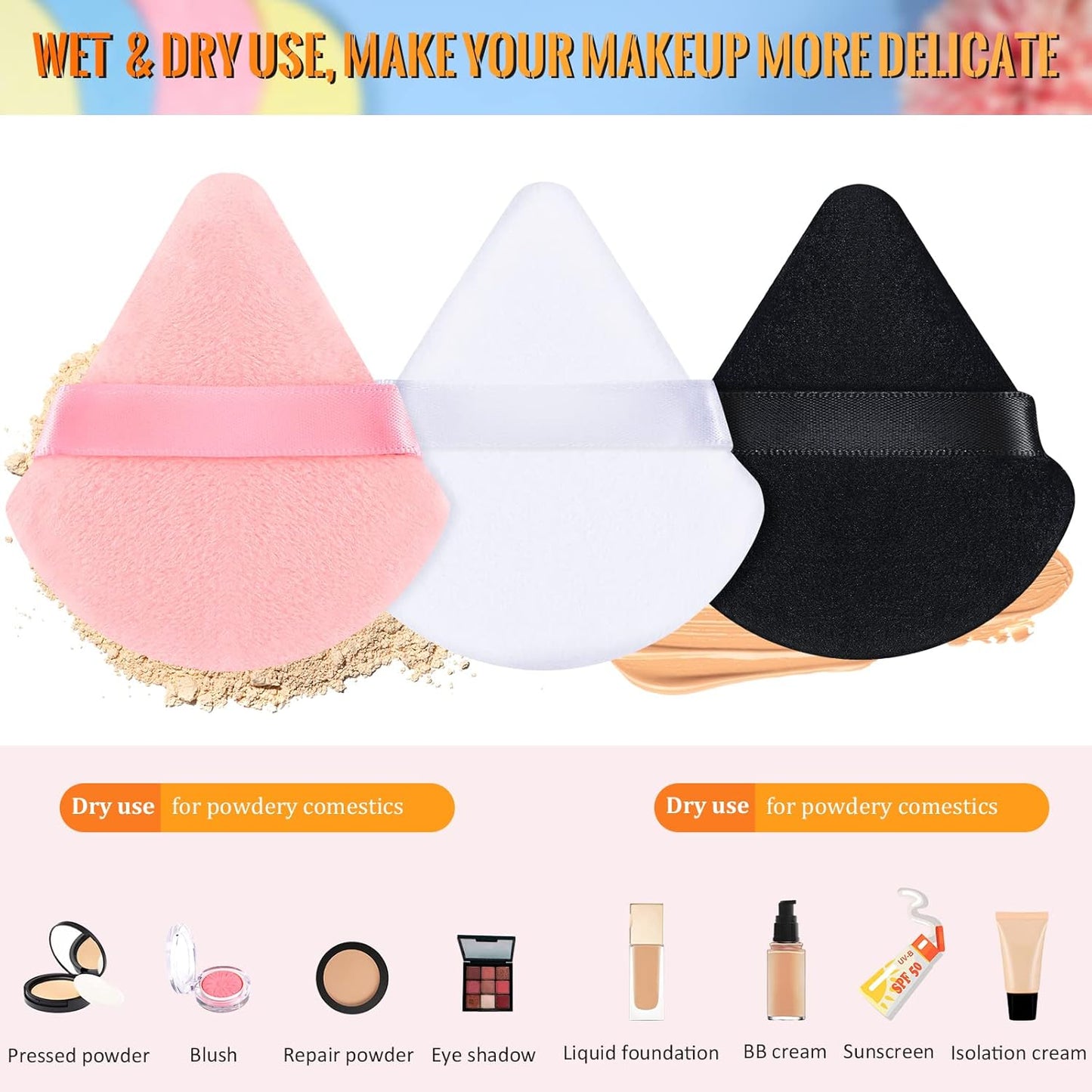 Meanplan 100 Pcs Powder Puff Face Soft Makeup Sponge Triangle Powder Puffs for Loose Velour Cosmetic Foundation Wet Dry Sponge Makeup Tools(Black, White, Pink)-Velvo Beauty