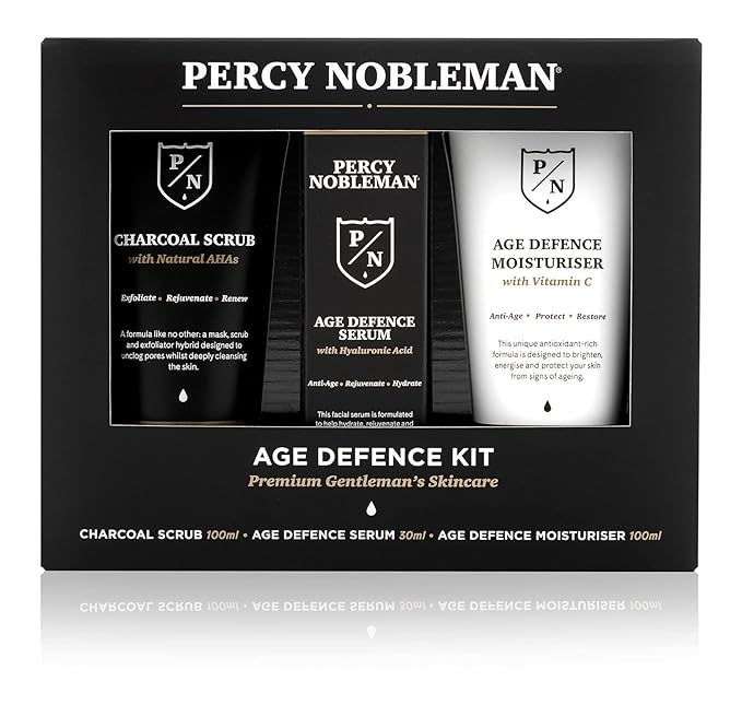 Percy Nobleman Age Defence Kit, a men's skincare set containing Charcoal Face Scrub (with Natural AHAs), ultra-hydrating Facial Serum (with Hyaluronic Acid), and Moisturiser (with Vitamin C)-Velvo Beauty