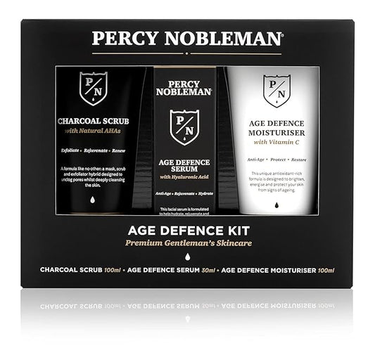 Percy Nobleman Age Defence Kit, a men's skincare set containing Charcoal Face Scrub (with Natural AHAs), ultra-hydrating Facial Serum (with Hyaluronic Acid), and Moisturiser (with Vitamin C)-Velvo Beauty