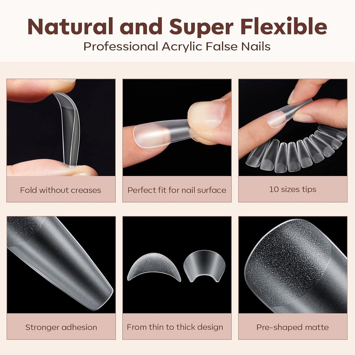 Modelones Long Coffin Nail Tips Fake Nails Gel Tips Full Matte Cover More Friction for Acrylic Professional Extension Gel Manicure Art Design 10 Sizes-Velvo Beauty