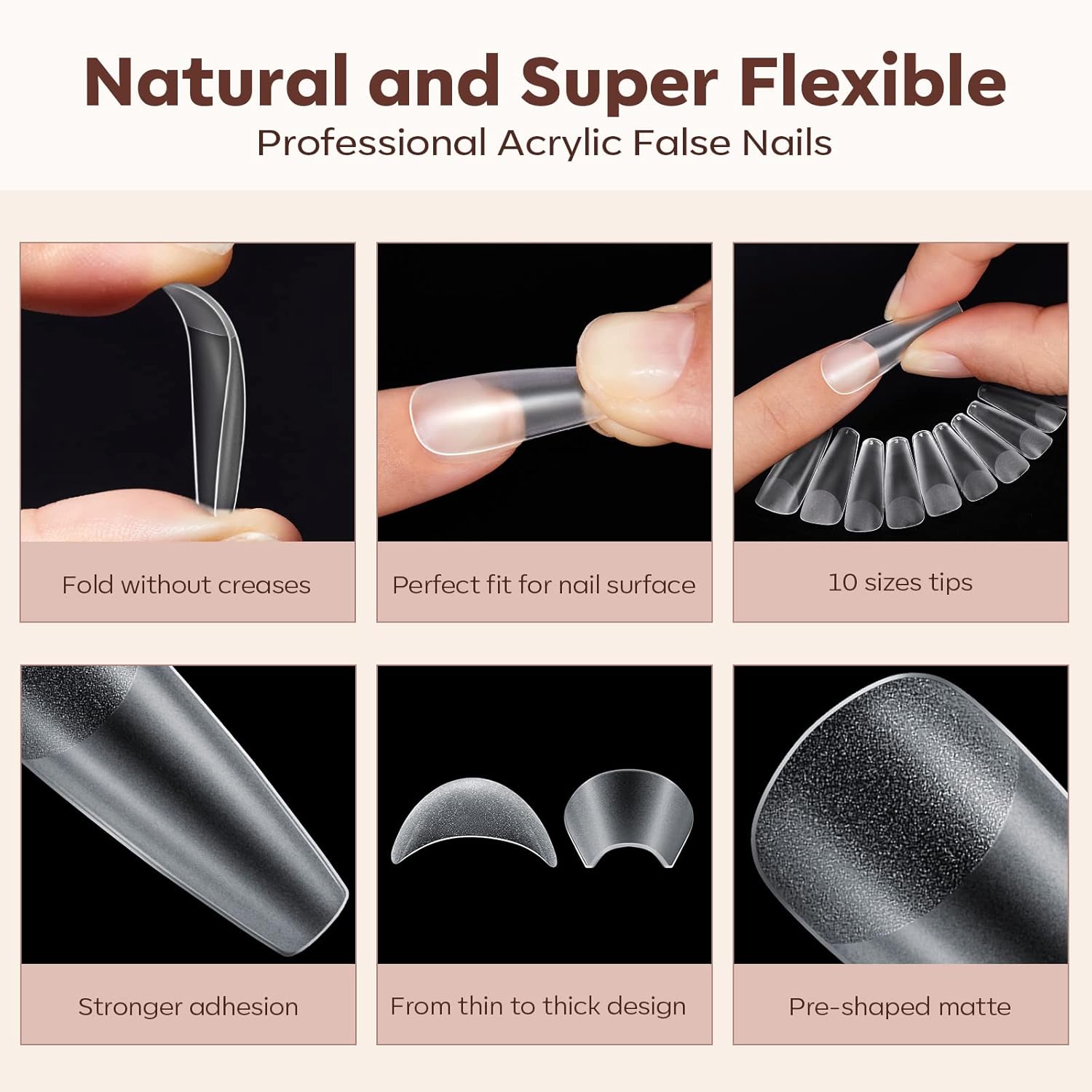 Modelones Long Coffin Nail Tips Fake Nails Gel Tips Full Matte Cover More Friction for Acrylic Professional Extension Gel Manicure Art Design 10 Sizes-Velvo Beauty