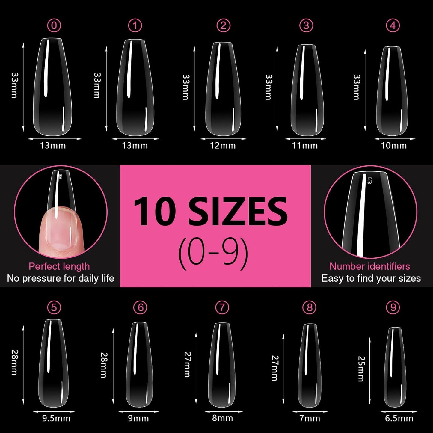 Long Coffin Nail Tips 500PCS, Clear Acrylic Full Cover Gel Press on Nail Tips for DIY Salon, 10 Sizes Pre-Shaped False Nails with Glossy Finish, Professional Manicure Kit & Easy Application-Velvo Beauty