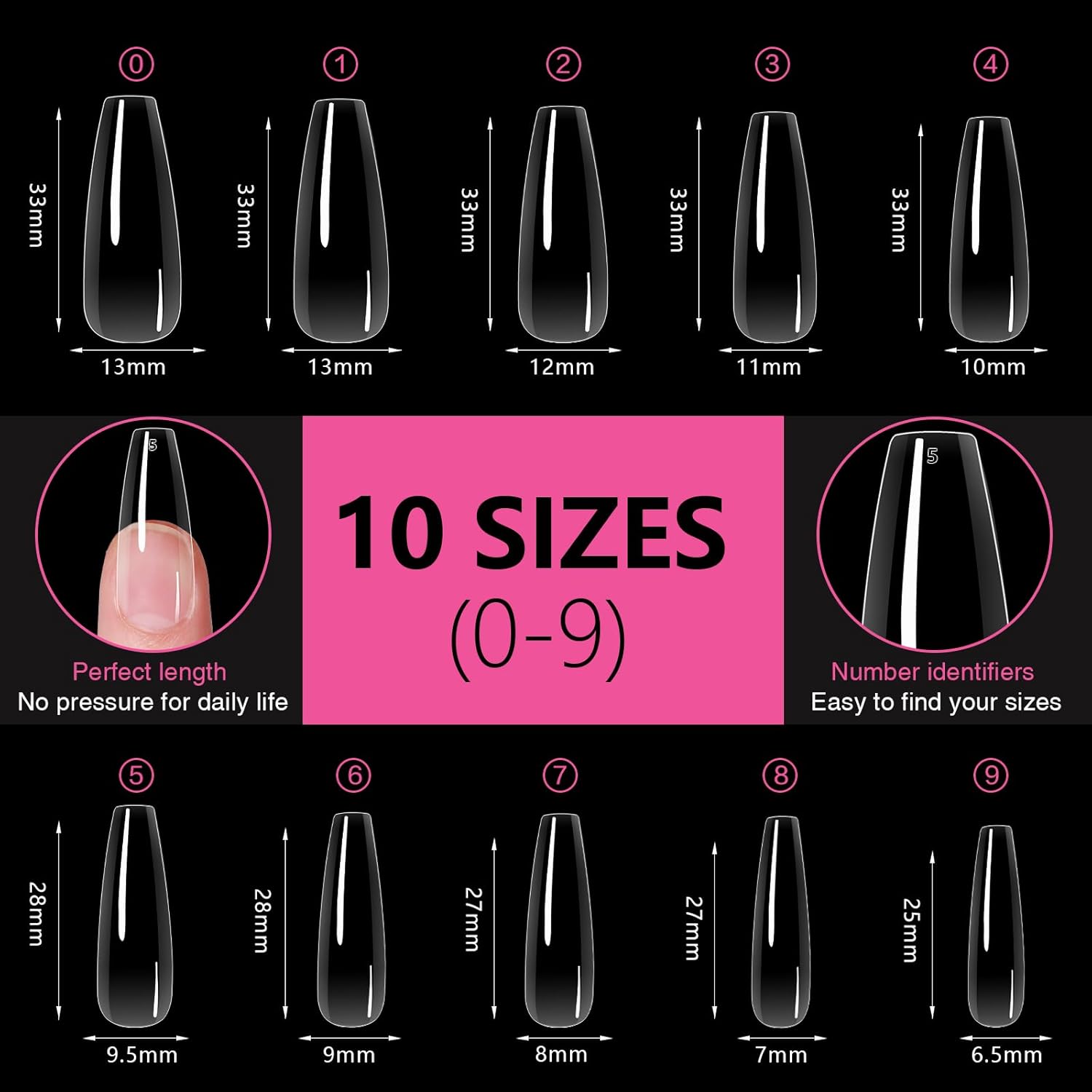 Long Coffin Nail Tips 500PCS, Clear Acrylic Full Cover Gel Press on Nail Tips for DIY Salon, 10 Sizes Pre-Shaped False Nails with Glossy Finish, Professional Manicure Kit & Easy Application-Velvo Beauty