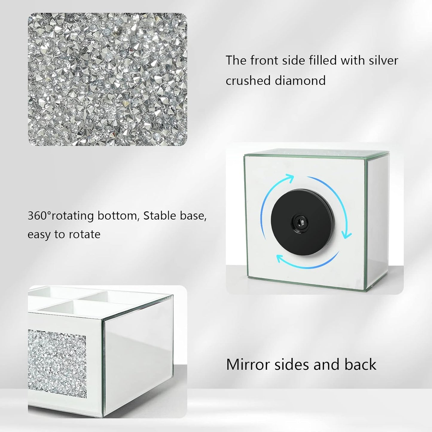 SWTHONY 360 Rotating Makeup Brush Holder Organizer, Silver Bling 4 Slot Crushed Diamond Glass Mirrored Cosmetic Brushes Storage, Eyeliners Eyebrow Pencil Display Case-Velvo Beauty