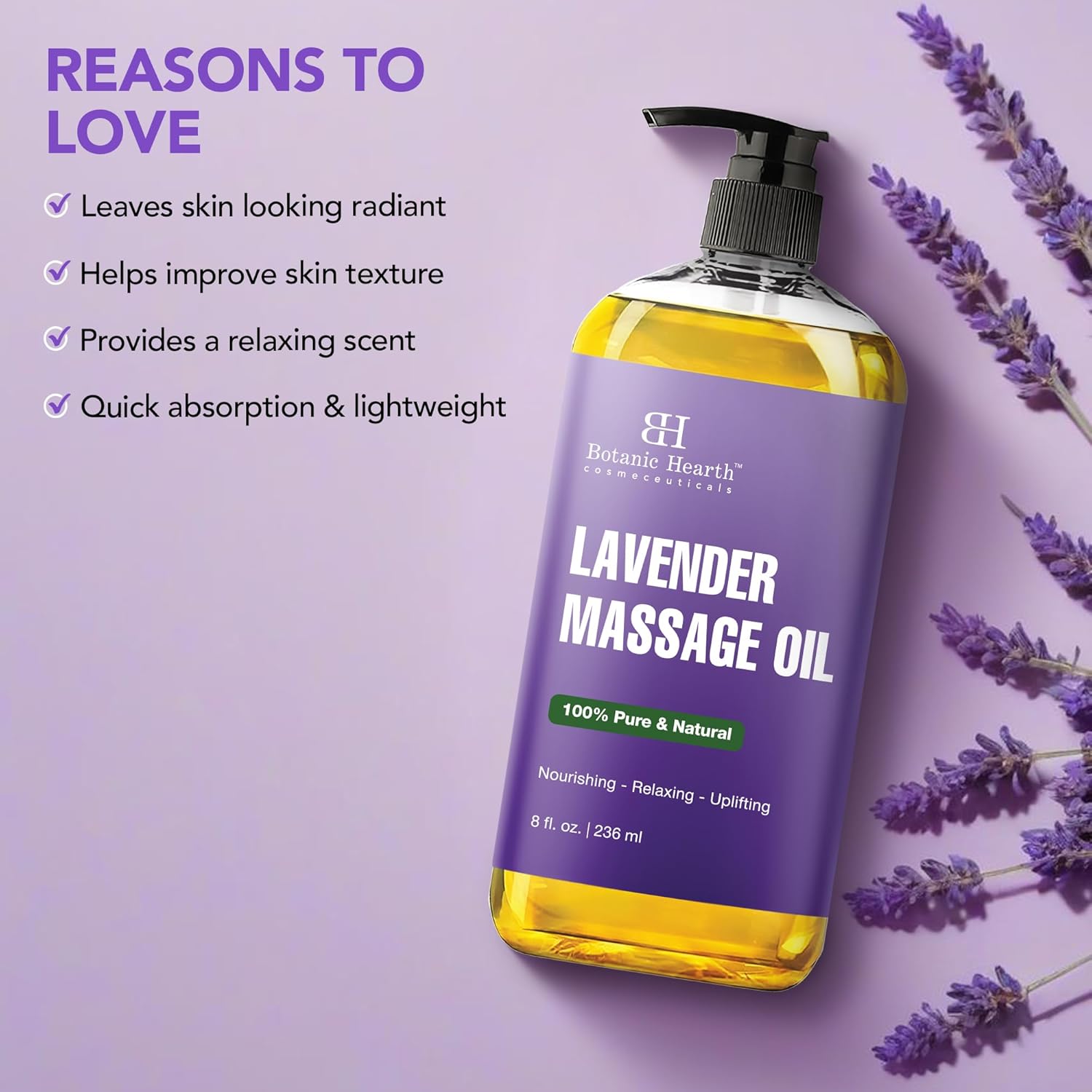 Lavender Massage Oil with Pure Lavender Oil (8 Fl Oz) Skin Tightening Massage Oil for Massage Therapy and Instant Absorption for Bum Thighs and Belly by Botanic Hearth-Velvo Beauty