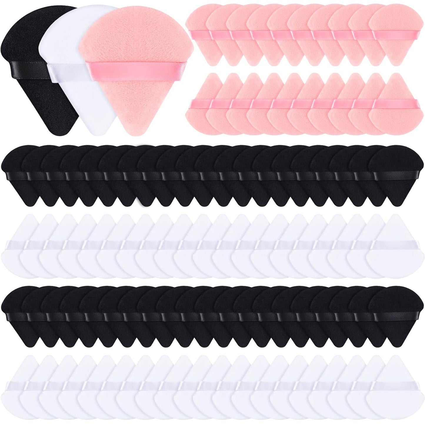 Meanplan 100 Pcs Powder Puff Face Soft Makeup Sponge Triangle Powder Puffs for Loose Velour Cosmetic Foundation Wet Dry Sponge Makeup Tools(Black, White, Pink)-Velvo Beauty