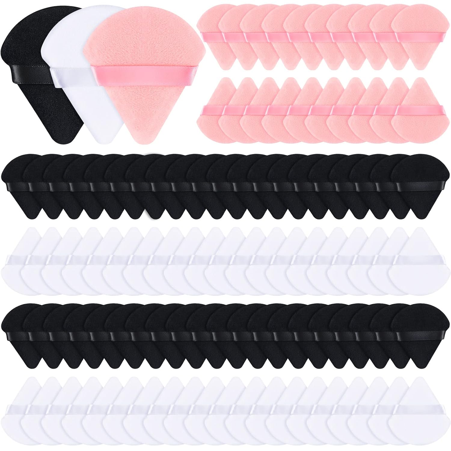 Meanplan 100 Pcs Powder Puff Face Soft Makeup Sponge Triangle Powder Puffs for Loose Velour Cosmetic Foundation Wet Dry Sponge Makeup Tools(Black, White, Pink)-Velvo Beauty